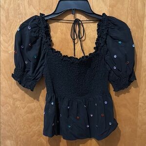 Black Smocked Puff Sleeve Top with Colorful Embellishments Hill House